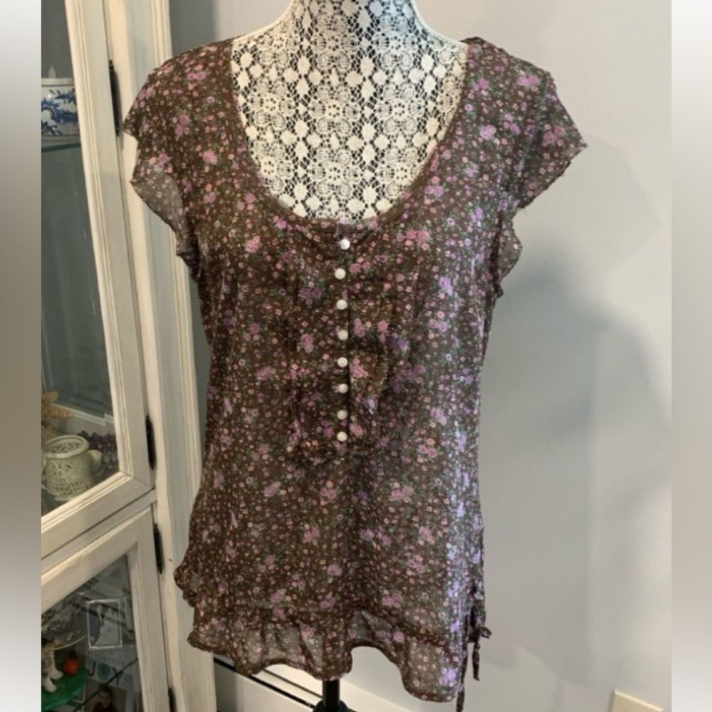 Mudd Brown Shear Floral Blouse with Purple Accents